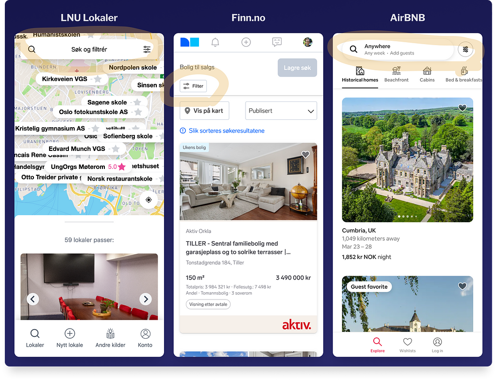 Skjermbilde som viser LNU Lokaler, Finn.no, og AirBNB - alle med et filter som er skjult bak en knapp i toppen.