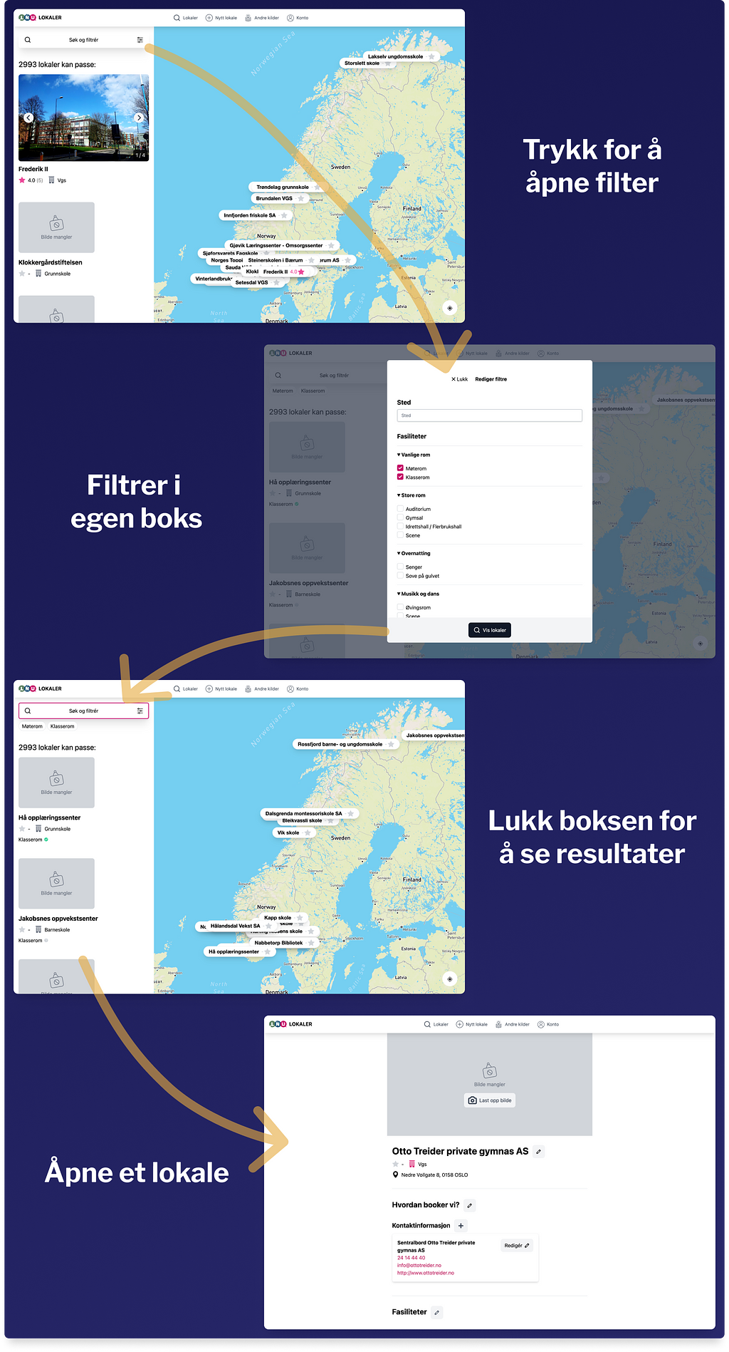 Først trykke for å åpne filteret, så trykke for å filtere, så trykke for å lukke filteret, så se resultater, og åpne et lokale.